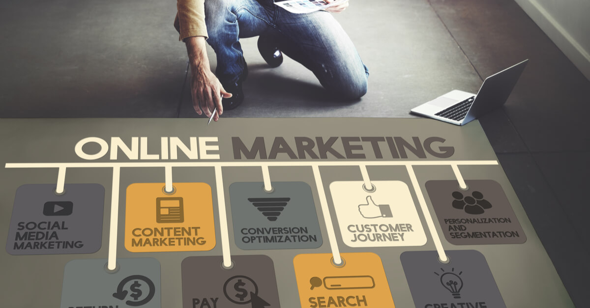 Ein Mann kniet vor einem "Online Marketing" Schriftzug