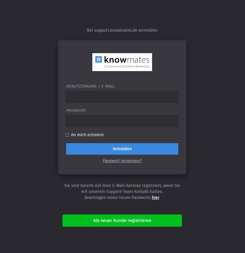 Screen Loginbereich knowmates Ticketsystem
